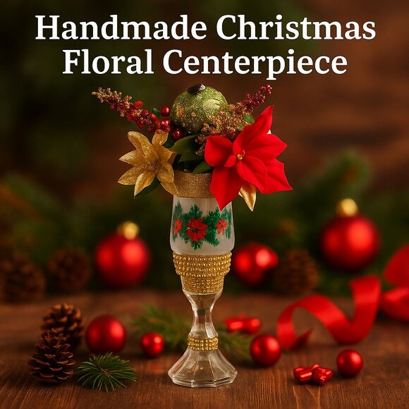 Handmade Christmas Floral Centerpiece with Red & Gold Holiday Accents - Picture 1 of 2